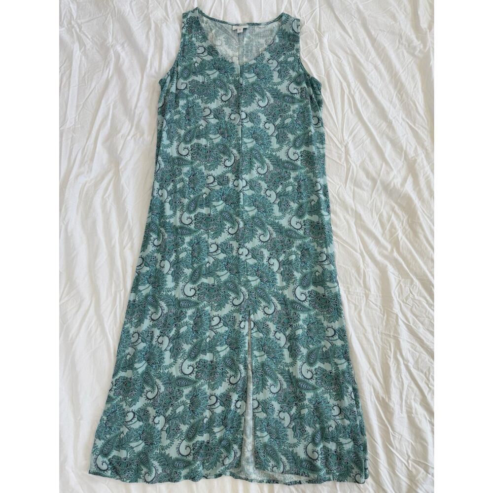 purejill Linen Green Blue Paisley Maxi Dress Sleeveless Scoop Neck S
